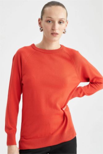 حريمي برتقالي بلوفر تريكو بيزك بقصة مريحة بياقة مستديرة