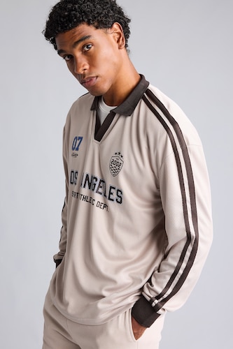 Men Stone Oversize Fit Tulle Long Sleeve Polo T-Shirt