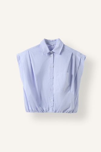 Kadın Açık Mavi Çizgili Poplin Etek Ucu Lastikli Crop Gömlek
