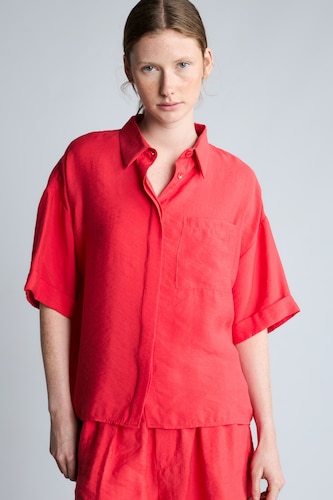 Kadın Kırmızı Overshirt Fit Kısa Kollu Gömlek