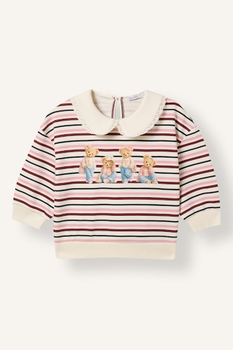 Kız Bebek Ekru Çizgili Ayıcık Baskılı Bebe Yaka Sweatshirt