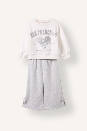 Kız Bebek Ekru 2'li Takım Sweatshirt Eşofman Altı Kız Bebek