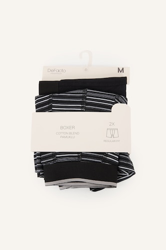 Erkek Siyah Regular Fit Çizgili 2'li Boxer Seti