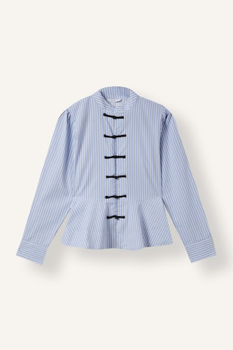 Kadın Mavi %100 Pamuk Fitted Çizgili Peplum Poplin Gömlek