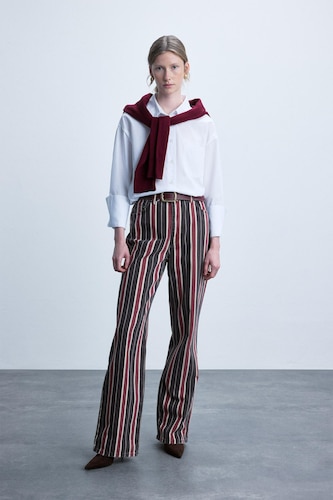 Kadın Kahve Straight Gabardın Çizgili Pantolon