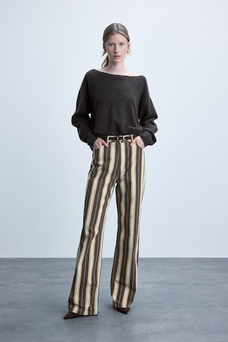 Kadın Bej Straight Gabardın Çizgili Pantolon