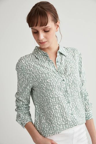 Regular Hem Long-Sleeved Shirt Neck Patterned Shirt
