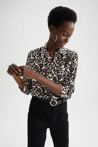 Regular Fit Long Sleeve Leopard Print Shirt