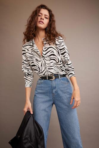 Regular Fit Shirt Collar Zebra Patterned Long Sleeve Shirt