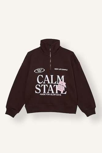 Kız Çocuk - Genç Kız Kahve Oversize Fermuarlı Baskılı Sweatshirt Kız Çocuk