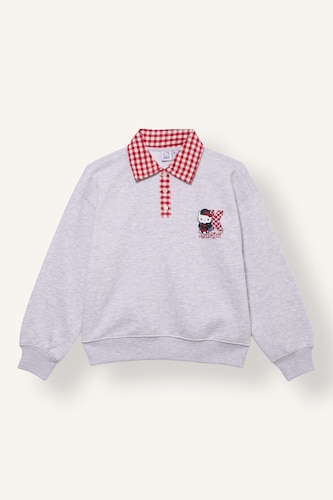 Young Girls - Teen Girls Light Grey Melange Woman Oversize Fit Polo Collar Sweatshirt