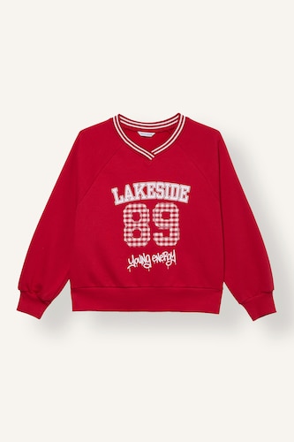 Kız Çocuk - Genç Kız Kırmızı Oversize V Yaka Baskılı Sweatshirt Kız Çocuk