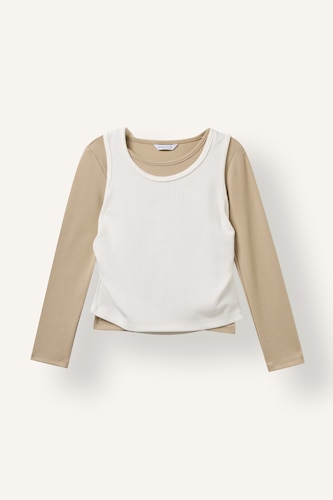 Kız Çocuk - Genç Kız Kırık Beyaz Fashion Fitilli 2'li Uzun Kollu Basic Tişört Kız Çocuk