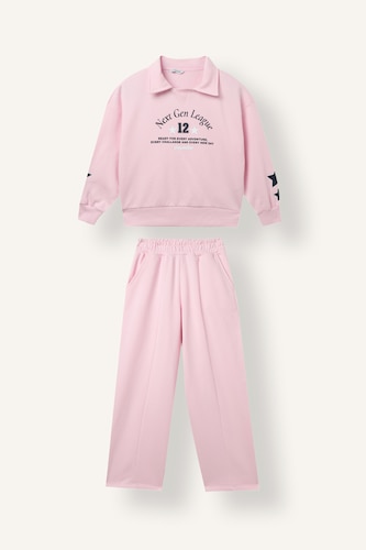 Young Girls - Teen Girls Pink Woman 2 piece Regular Fit Polo Collar Printed Set