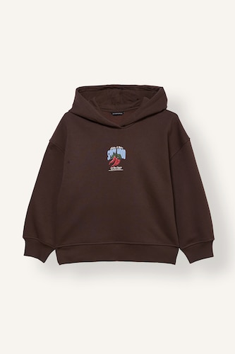 Kız Çocuk - Genç Kız Kahve Oversize Kapüşonlu Baskılı Sweatshirt Kız Çocuk