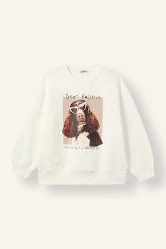 Young Girls - Teen Girls Ecru Woman Oversize Fit Printed Crew Neck Sweatshirt