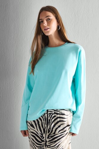 WOMAN Light Green 100% Cotton Loose Fit Long Sleeve Basic T-Shirt