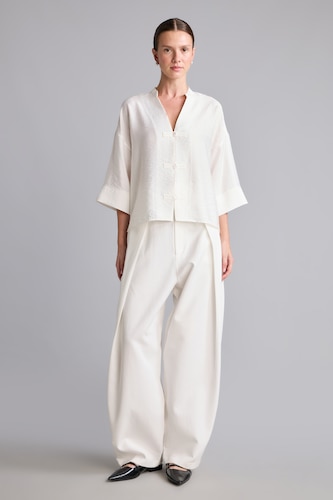 Women White Barrel Fit Linen Blend Regular Waist Trousers