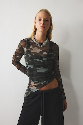Women Black Slim Fit Tulle Long Sleeve T-Shirt