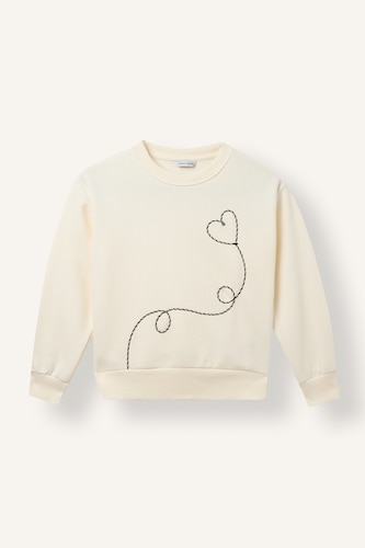 Kız Çocuk - Genç Kız Ekru Relax Fıt Bisiklet Yaka Kalp Desenli İçi Yumuşak Tüylü Kalın Sweatshirt Kumaşı Sweatshirt Kız Çocuk