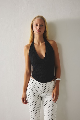 Women Black Slim Fit Lace Halter Collar Tank Top