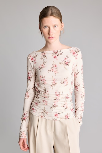 Women Ecru Slim Fit Tulle Long Sleeve T-Shirt