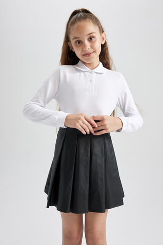 Kız Çocuk Beyaz Pike Uzun Kollu Polo Okul Tişörtü