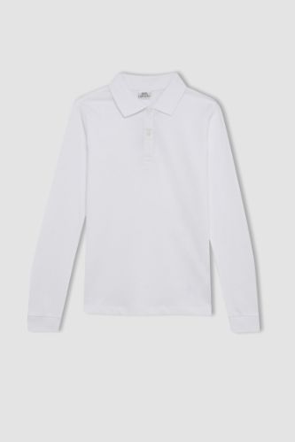 Kız Çocuk Polo Yaka Basic Düz Pike Uzun Kollu Tişört