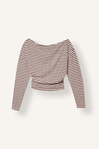 Kadın Açık Pembe Loose Fit Uzun Kollu Çizgili Crop Tişört