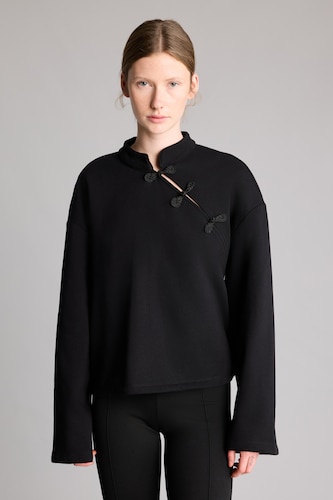 Kadın Siyah Loose Fit Düğmeli Basic Sweatshirt