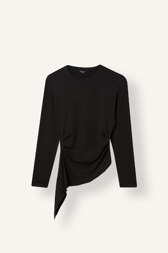 Kadın Siyah %100 Pamuk Slim Fit Büzgülü Uzun Kollu Basic Tişört