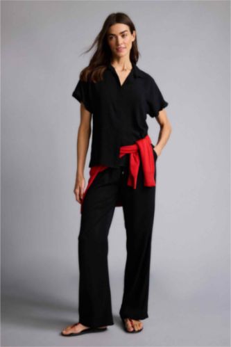 Kadın Siyah Florida Florıda Cepli Yüksek Bel Geniş Paça Belmando Pantolon