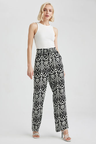 Traditional Patterned High Waist Wide Leg Pocketed Viscose Trousers