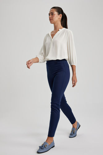 Mid Rise Cigarette Trousers In Navy Blue | Tessita | SilkFred