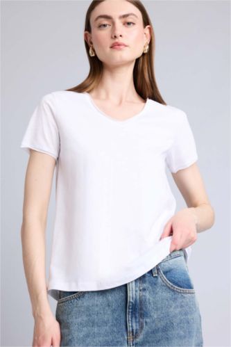 FEMME Blanc T-Shirt 100% coton Coupe Classique À Manches Courtes Et Col En V