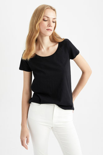 Black WOMAN Short-Sleeved Regular Fit C-Neck Plain T-Shirt 1809847 ...