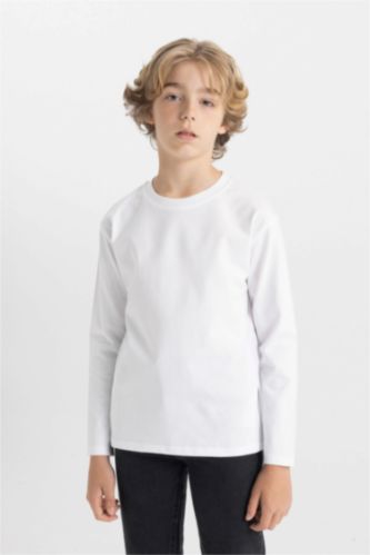 BOYS & TEENS White تيشيرت كم طويل قصة عادية