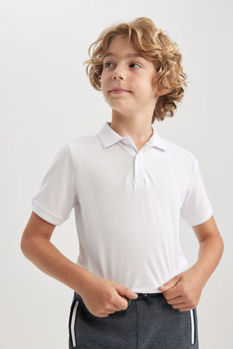 Erkek Çocuk Beyaz Pike Kısa Kollu Polo Okul Tişörtü
