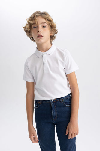 Erkek Çocuk Beyaz Pike Kısa Kollu Polo Okul Tişörtü