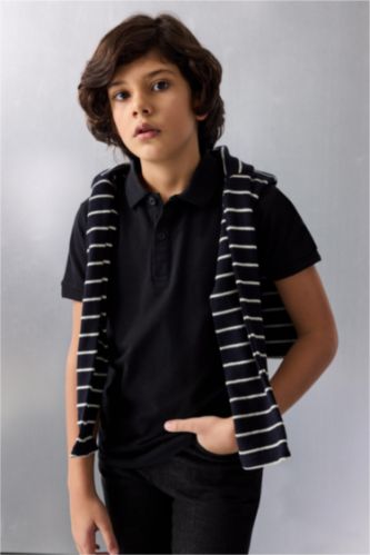 Boys & Teens Black Boy Regular Fit Basic Plain Pique Polo T-Shirt