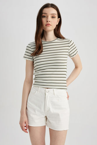 Fitted Crew Neck Striped Short Sleeve T-Shirt
