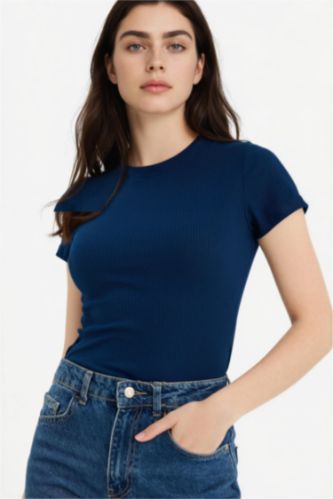 Женщины Синий Футболка кашкорсе Fitted в рубчик с круглым вырезом и коротким рукавом