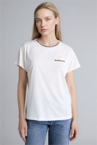 Kadın Ekru Bisiklet Yaka Kısa Kollu Tişört