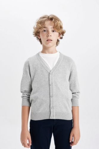 Grey BOYS TEENS Boy Gray V Neck Buttoned Knitted School Cardigan 3113635 DeFacto