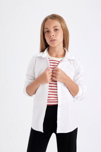 Kız Çocuk Slim Fit Dar Kesim Bengalin Uzun Kollu Basic Düz Beyaz Okul Gömleği