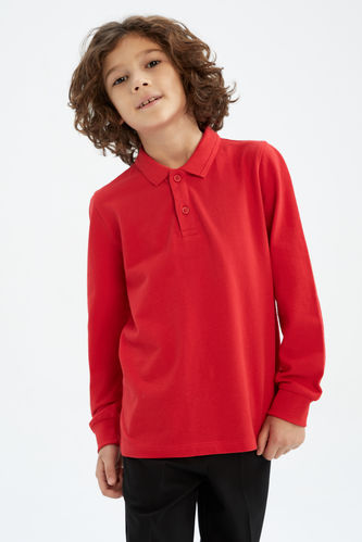 Erkek Çocuk Kırmızı Polo Yaka Uzun Kollu Okul Tişört