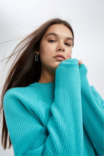 WOMAN Turquoise Regular Fit Crew Neck Knitwear Pullover