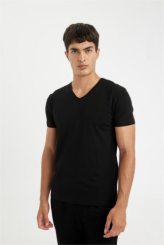 Erkek Siyah Slim Fit V Yaka Kısa Kollu Pijama Üstü