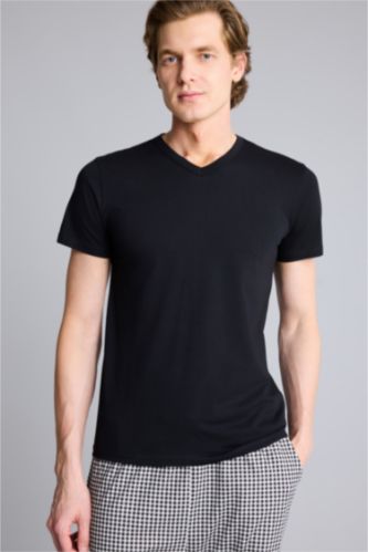 Erkek Siyah Slım Fıt V Yaka Üst