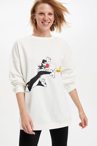 Looney Tunes Lisanslı Gömlek Yaka Oversize Fit Baskılı Uzun Kollu Sweatshirt